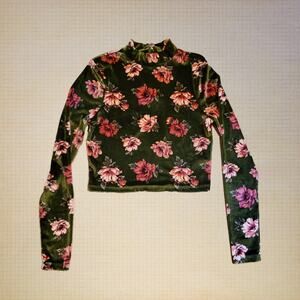 Forever 21, M | High Neck Long Sleeve Velvet Crop Top Olive Blush Colored